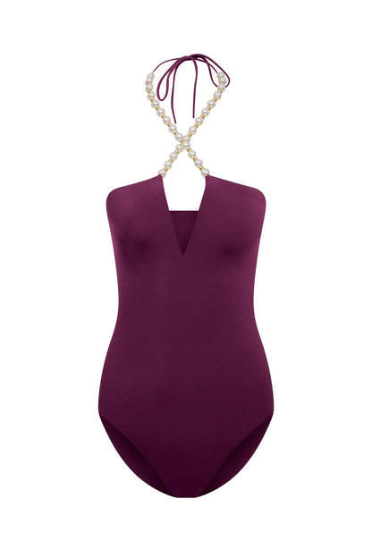 Faux-pearl Embellished Halterneck One-piece