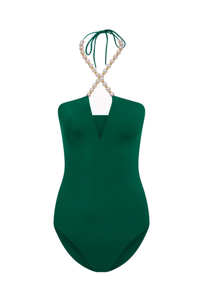 Faux-pearl Embellished Halterneck One-piece