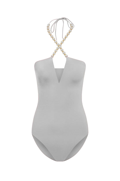 Faux-pearl Embellished Halterneck One-piece