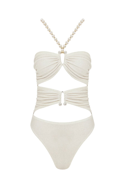 Faux-pearl Embellished Draped One-piece