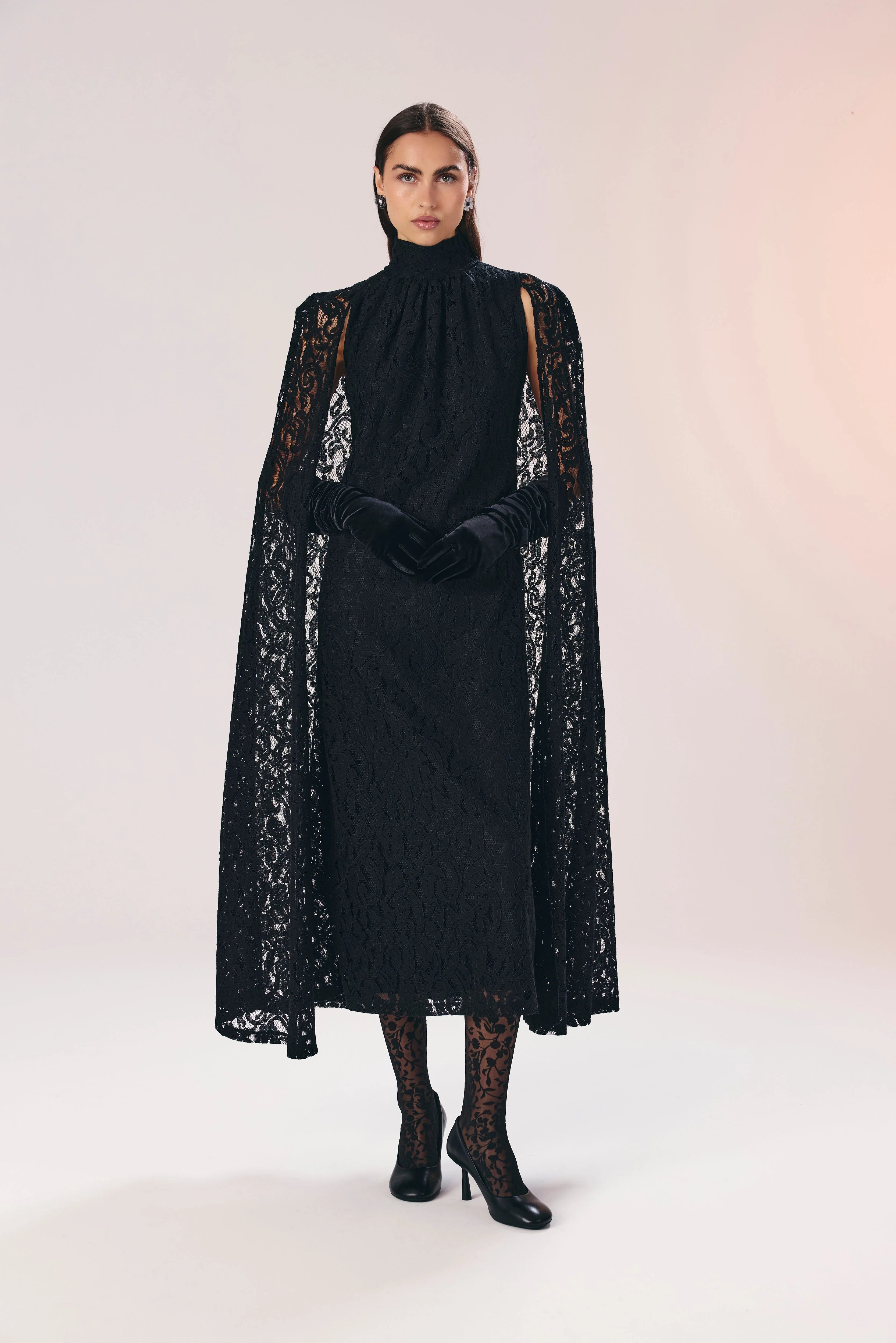 black lace cape dress Black Lace Cape Detail Mini Dress