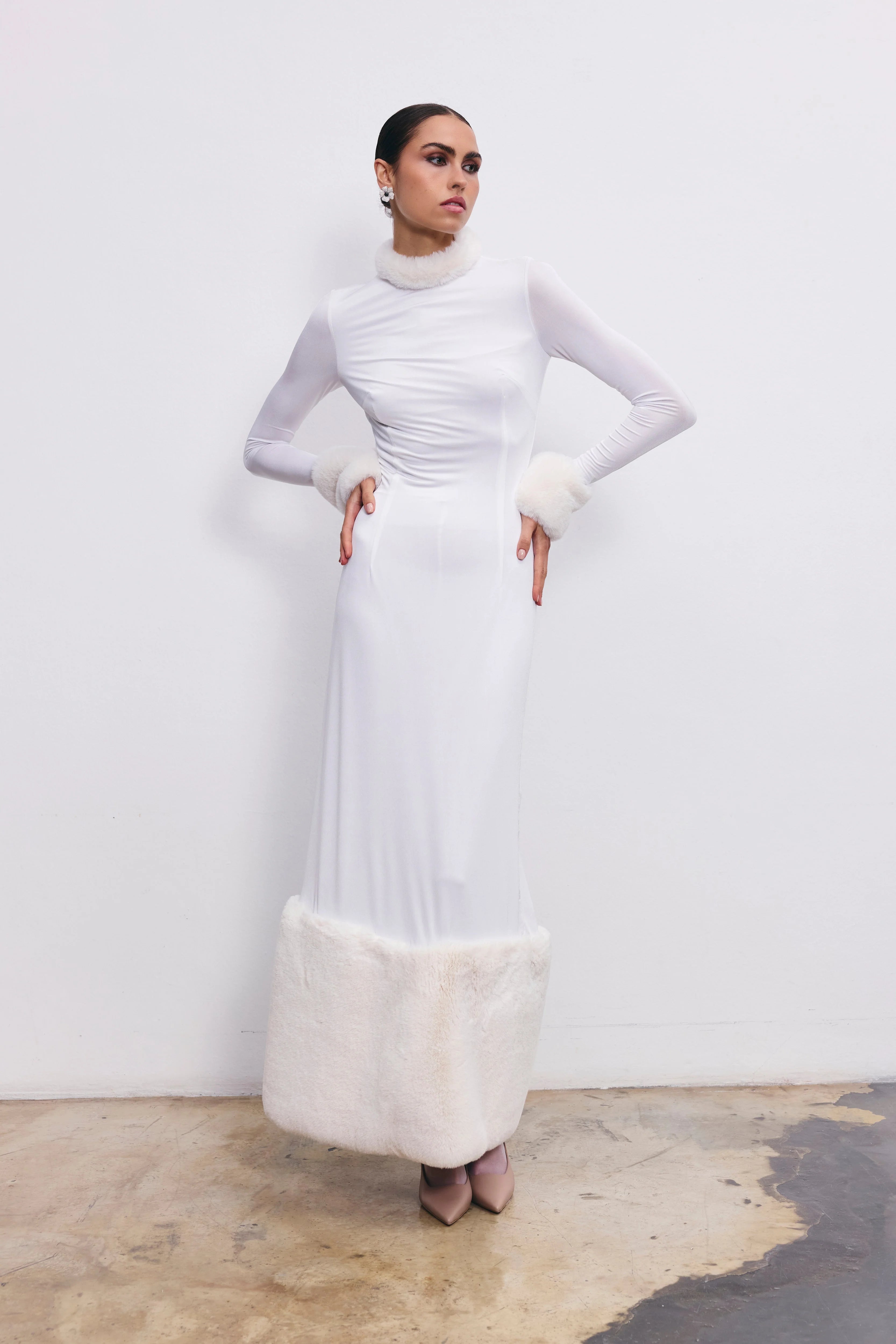 white dress with fur trim Faux Fur-Trim Turtleneck Mini in - 4 fastening at back White Fuzzy Dress | Off-Shoulder