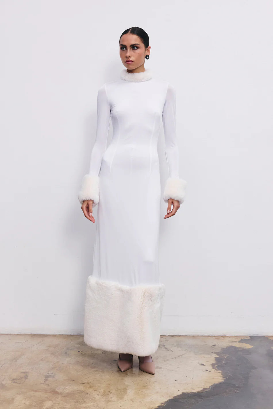 fur trim maxi dress Naked Faux Fur Maxi Dress