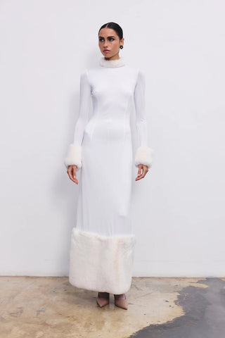 Bella faux-fur trim maxi jersey dress