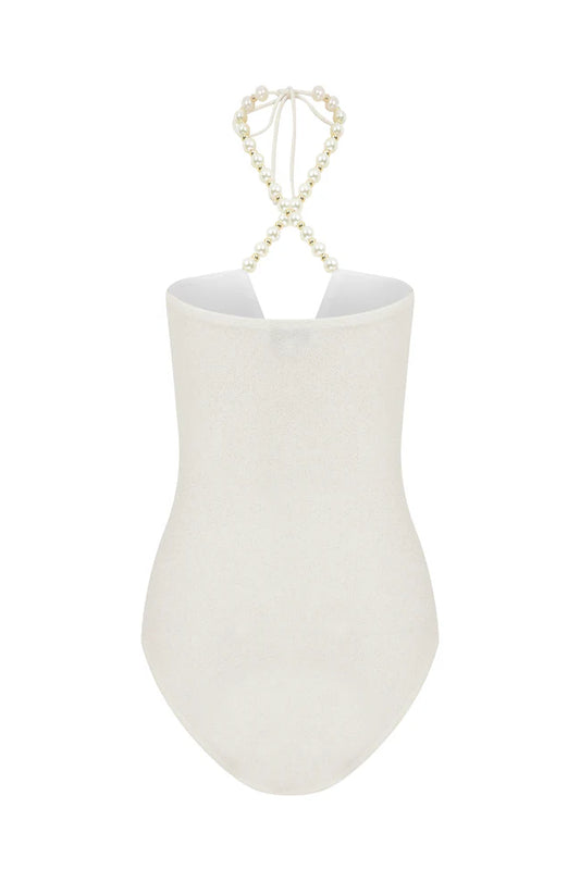 Faux-pearl Embellished Halterneck One-piece